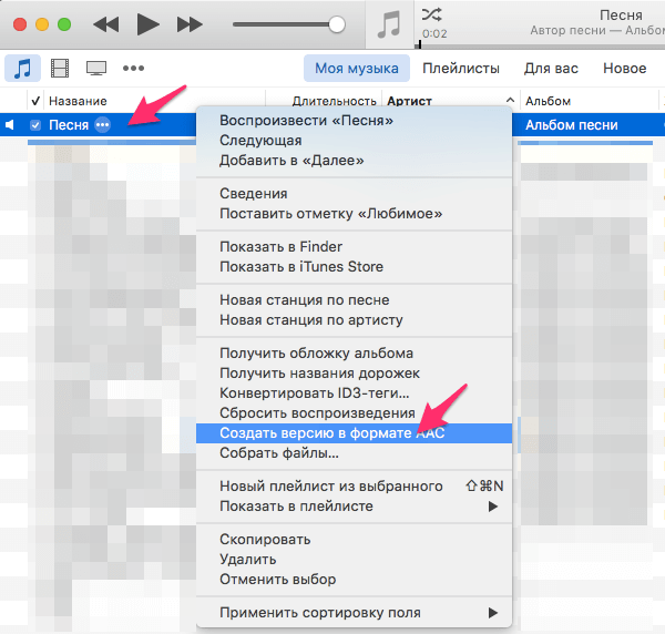 Контекстное меню песни в iTunes