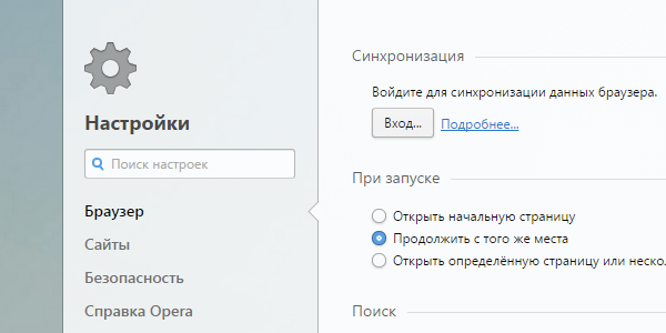 Страница настроек браузера Opera